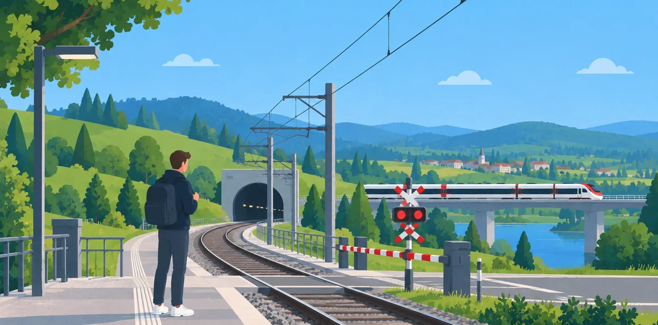 Illustration: Blick aus dem Zugfenster auf eine Landschaft mit See und Viadukt, auf dem Tisch ein Handy mit Taktland.