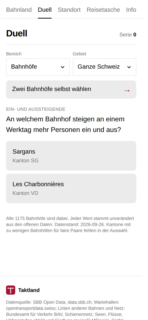 Bildschirm von Taktland: Duell mit der Frage, an welchem Bahnhof mehr Personen ein- und aussteigen.