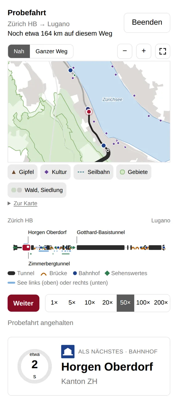 Bildschirm von Taktland: Probefahrt Zürich HB nach Lugano mit Karte, Streckenband und dem nächsten Bahnhof.