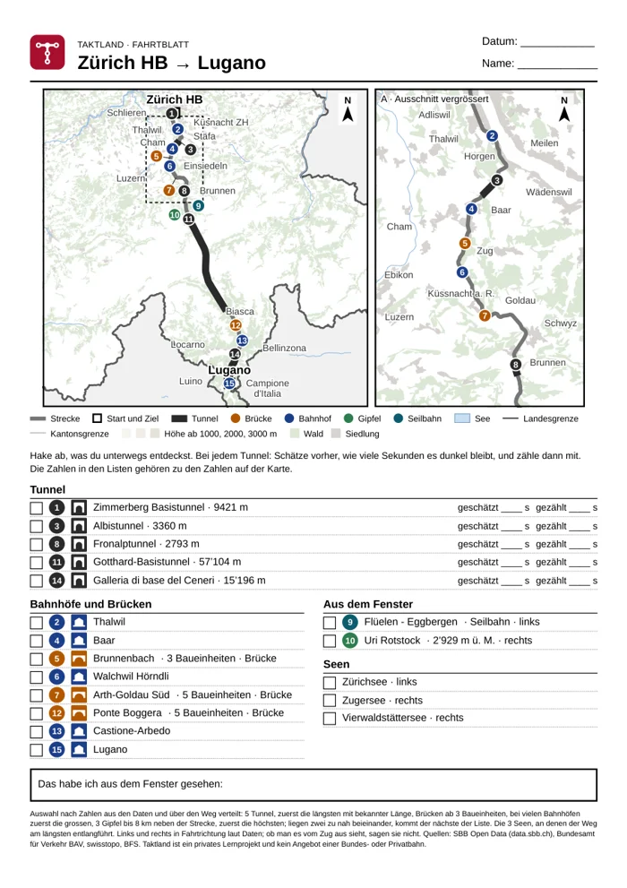 Fahrtblatt Zürich HB nach Lugano mit Karte und Listen zum Abhaken.