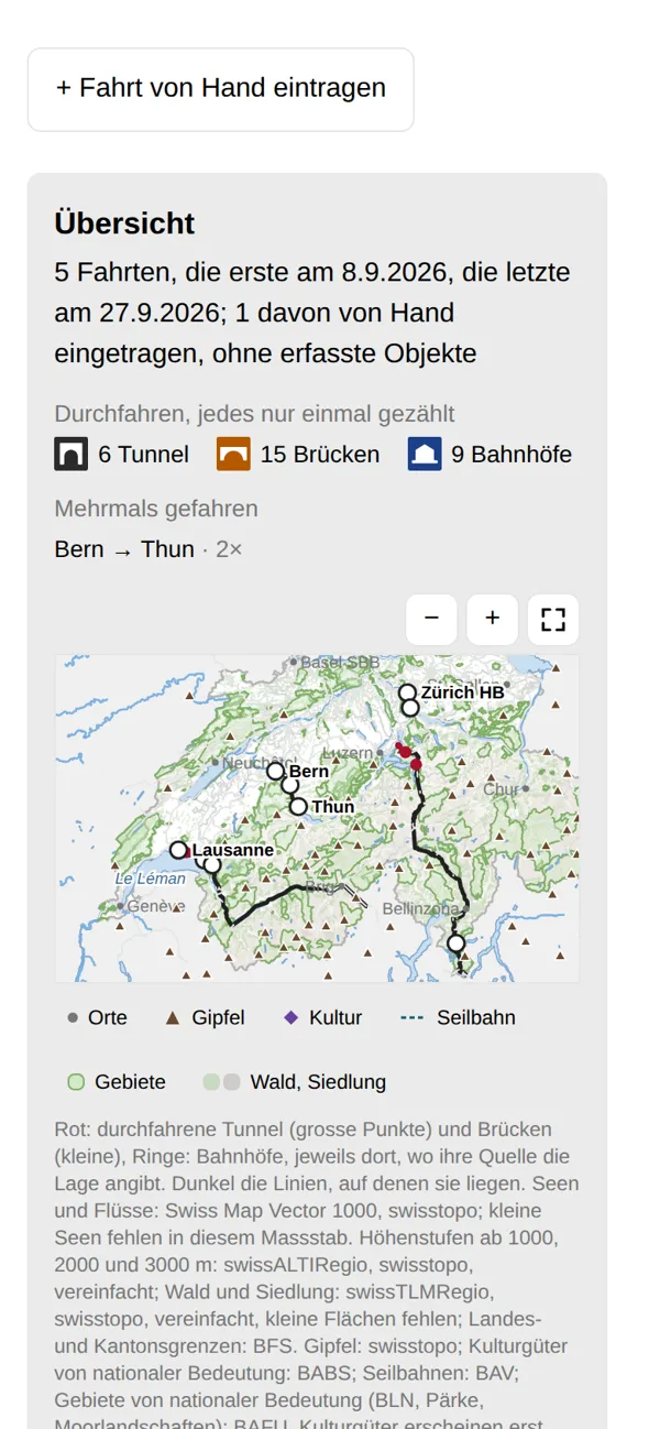 Bildschirm von Taktland: Übersicht im Logbuch mit Anzahl Fahrten, durchfahrenen Objekten und Karte.